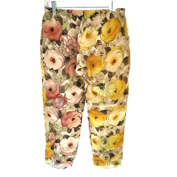 Kristina Ti Chic Small Beaded Silk Pants Italian Designer Floral Lined Colorful - Picture 2 of 9